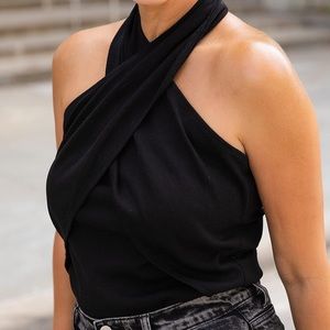 The Drop Women's Black Crossover Neck Halter Top